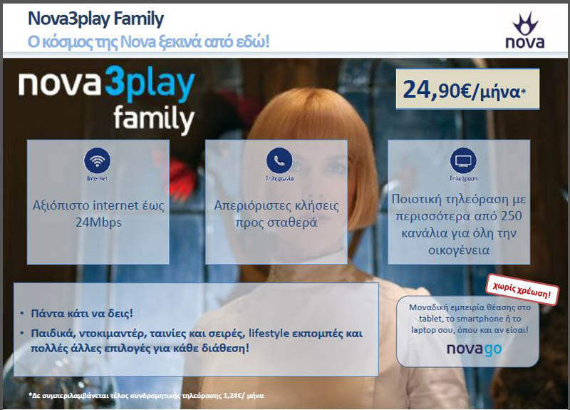 Nova Family 3Play family με 24,90€ + Δώρο αποκωδικοποιητή & εγκατάσταση εξοπλισμού