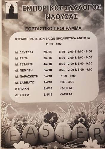 Το πασχαλιάτικο πρόγραμμα λειτουργίας καταστημάτων στη Νάουσα