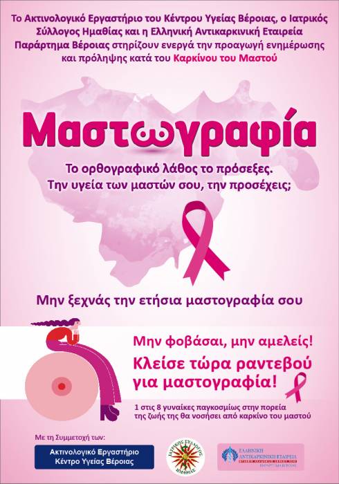 Επιπλέον μαστογραφίες θα πραγματοποιήσει στις 24-25 Οκτώβρη το Κέντρο Υγείας Βέροιας