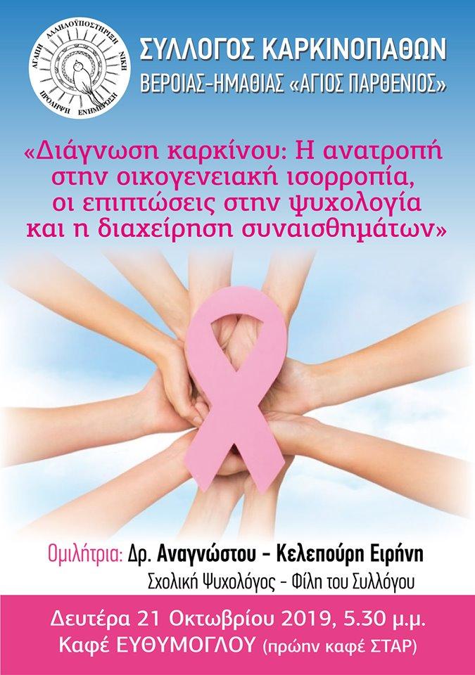 Ομιλία με θέμα τον καρκίνο και τις επιπτώσεις του διοργανώνει ο Σύλλογος Καρκινοπαθών Ημαθίας