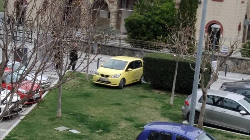 Πάρκαρε πάνω σε χώρο πρασίνου στο κέντρο της Βέροιας