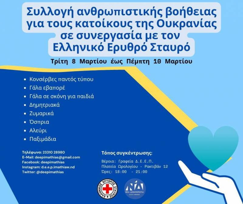 ΝΔ Ημαθίας: Συλλογή ανθρωπιστικής βοήθειας για τους κατοίκους της Ουκρανίας