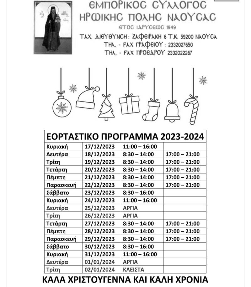 Το εορταστικό πρόγραμμα λειτουργίας των καταστημάτων στη Νάουσα