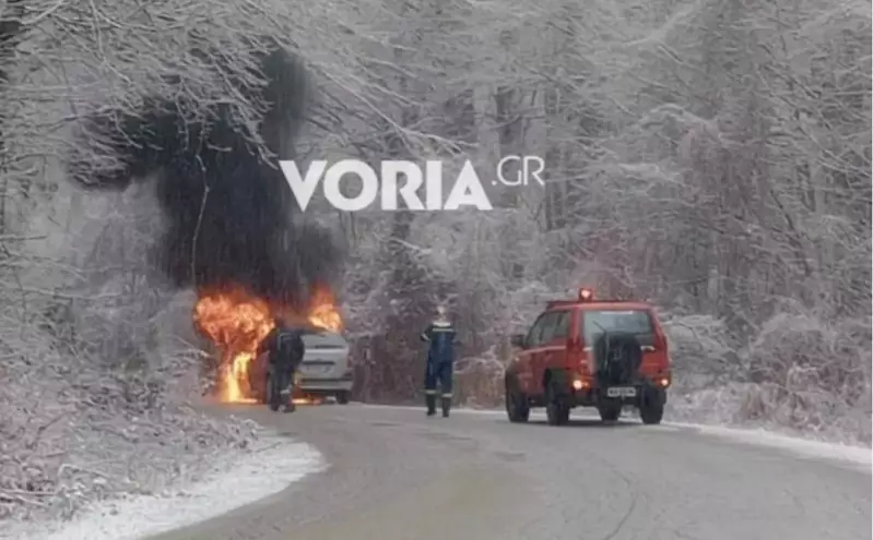 Στις φλόγες αυτοκίνητο λίγο πριν το χιονοδρομικό κέντρο στα 3-5 Πηγάδια
