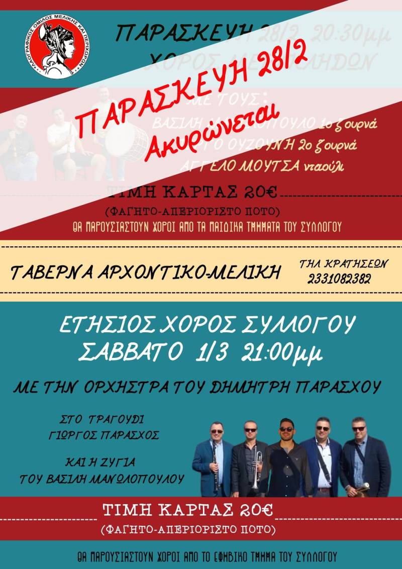 Αναστολή του ετήσιου χορού των «Μερακλήδων» από τον Λαογραφικό Όμιλο Μελίκης λόγω της Ημέρας Μνήμης για την τραγωδία των Τεμπών