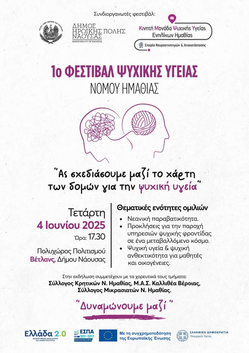1ο Φεστιβάλ Ψυχικής Υγείας Ν. Ημαθίας – «Δυναμώνουμε Μαζί» – Το πρόγραμμα της εκδήλωσης