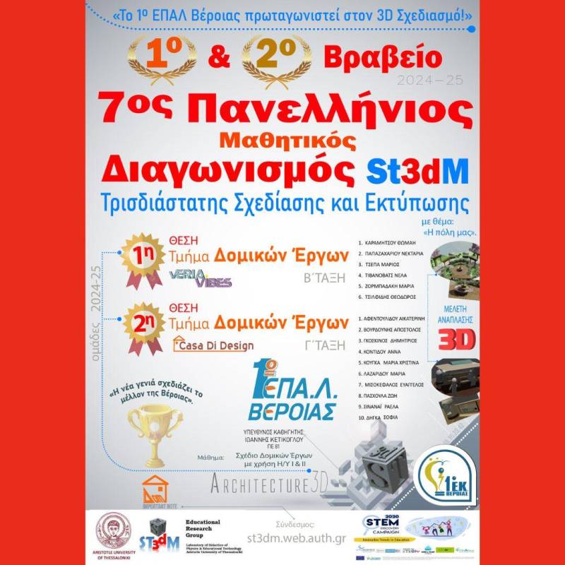 Διπλή διάκριση για τον Τομέα Δομικών Έργων του 1ου ΕΠΑΛ Βέροιας στον 7ο Πανελλήνιο Μαθητικό Διαγωνισμό Τρισδιάστατης Σχεδίασης και Εκτύπωσης