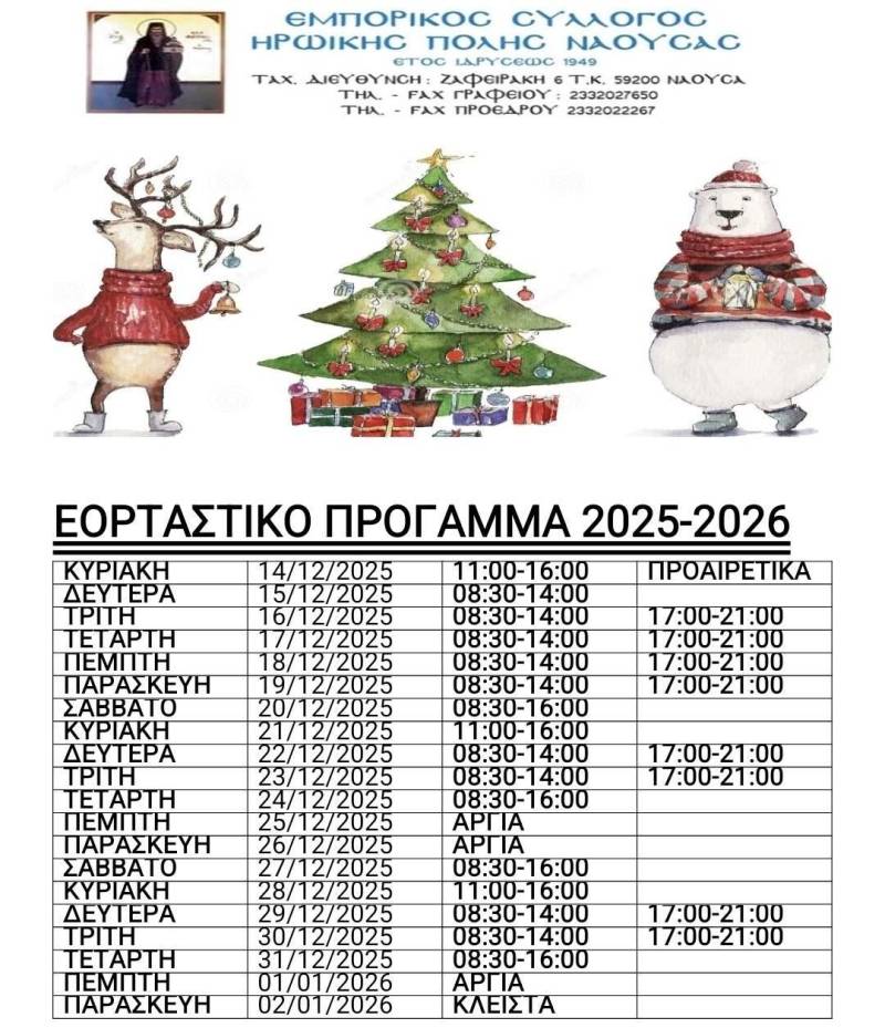 Το εορταστικό πρόγραμμα λειτουργίας των καταστημάτων στη Νάουσα