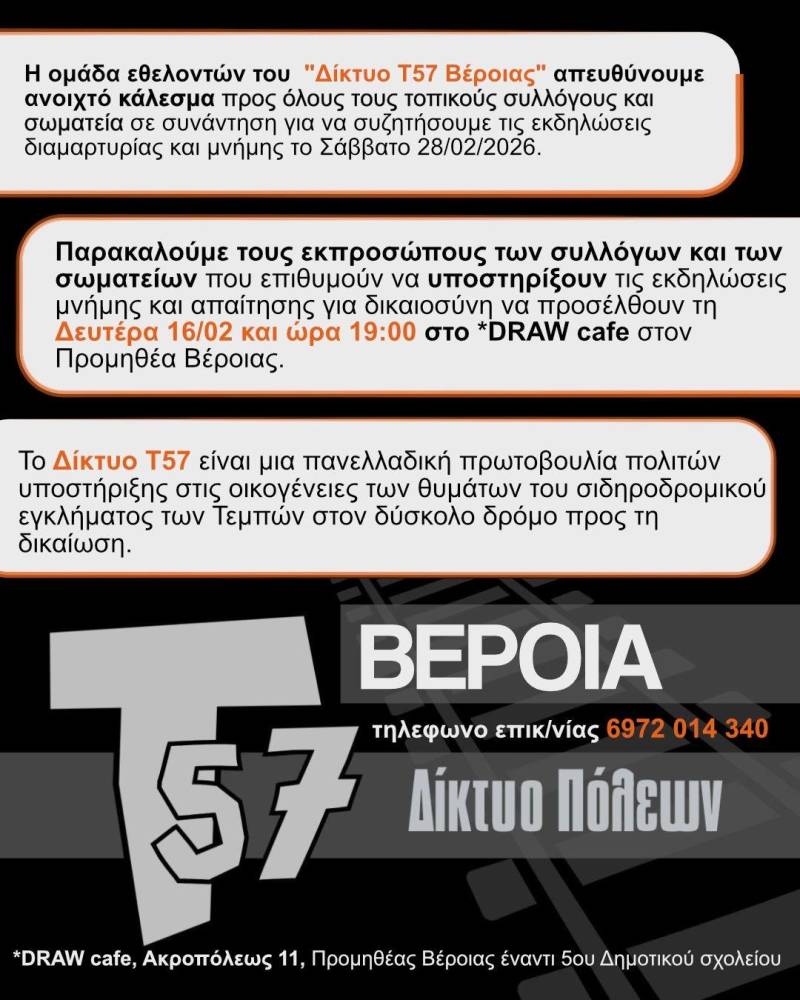 Βέροια: Ανοιχτό κάλεσμα του Δικτύου T57 Βέροιας για τις εκδηλώσεις μνήμης των Τεμπών