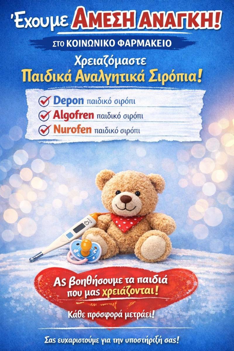 Έκκληση ενίσχυσης από το Κοινωνικό Φαρμακείο Νάουσας για παιδικά αναλγητικά σιρόπια