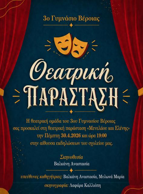 Θεατρική παράσταση «Μενέλαος και Ελένη» από το 3ο Γυμνάσιο Βέροιας
