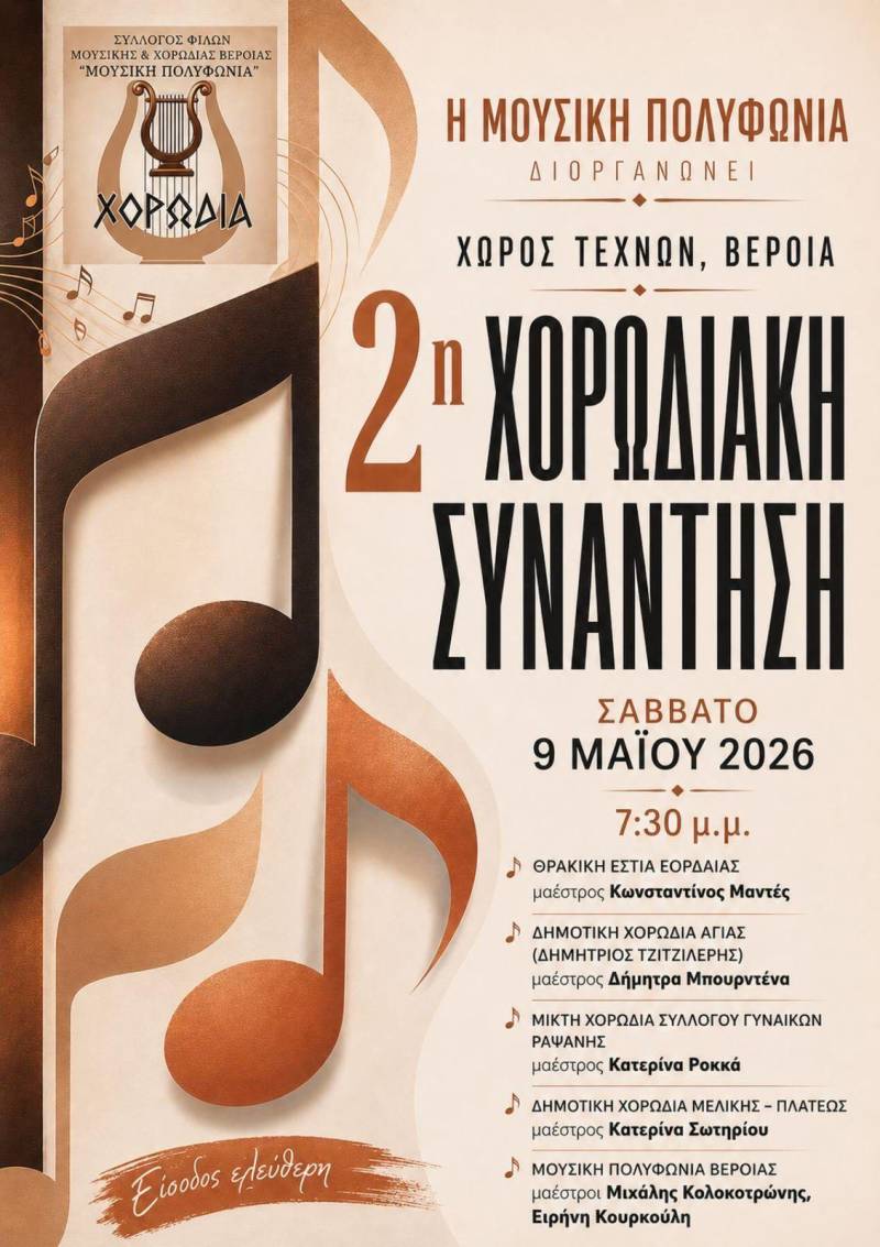 Πέντε χορωδίες ενώνουν φωνές στη 2η Χορωδιακή Συνάντηση Βέροιας