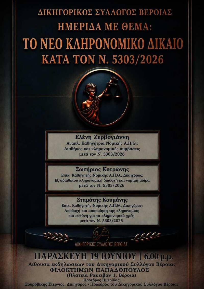 Ημερίδα του Δικηγορικού Συλλόγου Βέροιας για το νέο Κληρονομικό Δίκαιο