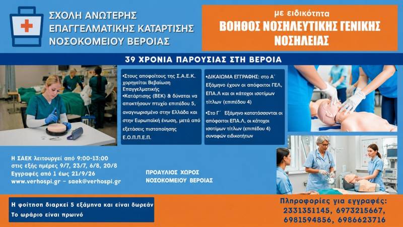Ξεκινούν οι εγγραφές στη ΣΑΕΚ του Νοσοκομείου Βέροιας – Δωρεάν φοίτηση στην ειδικότητα Βοηθός Νοσηλευτικής Γενικής Νοσηλείας