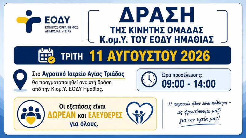 Δωρεάν προληπτικές εξετάσεις από την Κινητή Ομάδα Υγείας του ΕΟΔΥ στην Αγία Τριάδα
