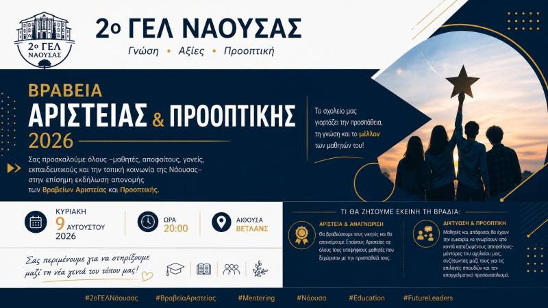 Βραβεία Αριστείας και Προοπτικής 2026 από το 2ο ΓΕΛ Νάουσας