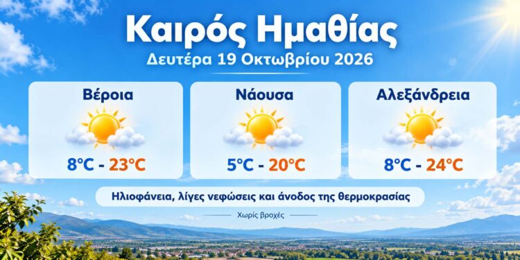 Ημαθία: Ηλιοφάνεια και άνοδος της θερμοκρασίας τη Δευτέρα – Έως 24 βαθμούς ο υδράργυρος
