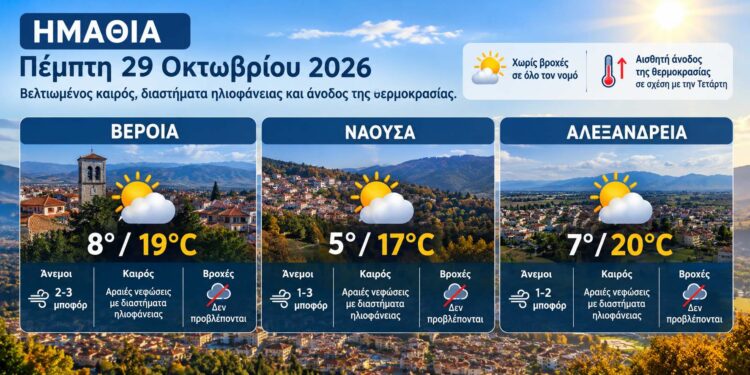 Ημαθία: Βελτίωση του καιρού την Πέμπτη με ηλιοφάνεια και θερμοκρασίες έως 20 βαθμούς