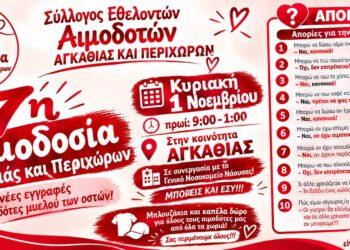 Αγκαθιά: Εθελοντική αιμοδοσία την Κυριακή 1 Νοεμβρίου – Εγγραφές και για δότες μυελού των οστών